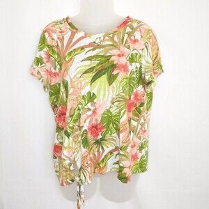 J Jill Love Linen Top Medium Women's Floral Tropical Tie Front Beach Green Pink